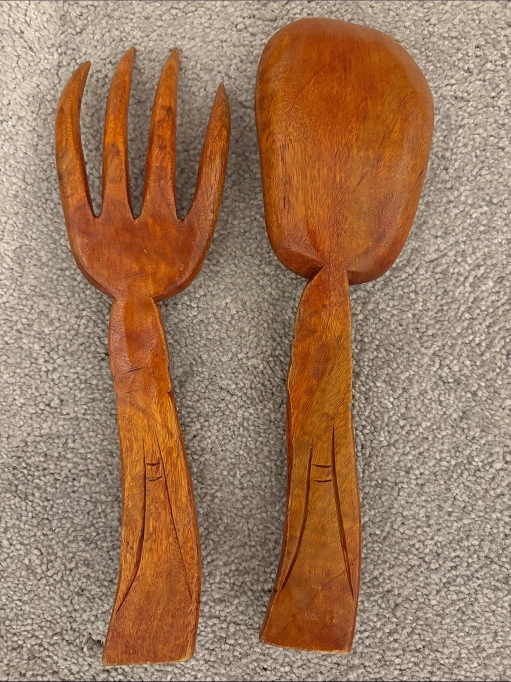 Hand-Carved Brown Wooden Salad Serving Set - Rustic Home Dining